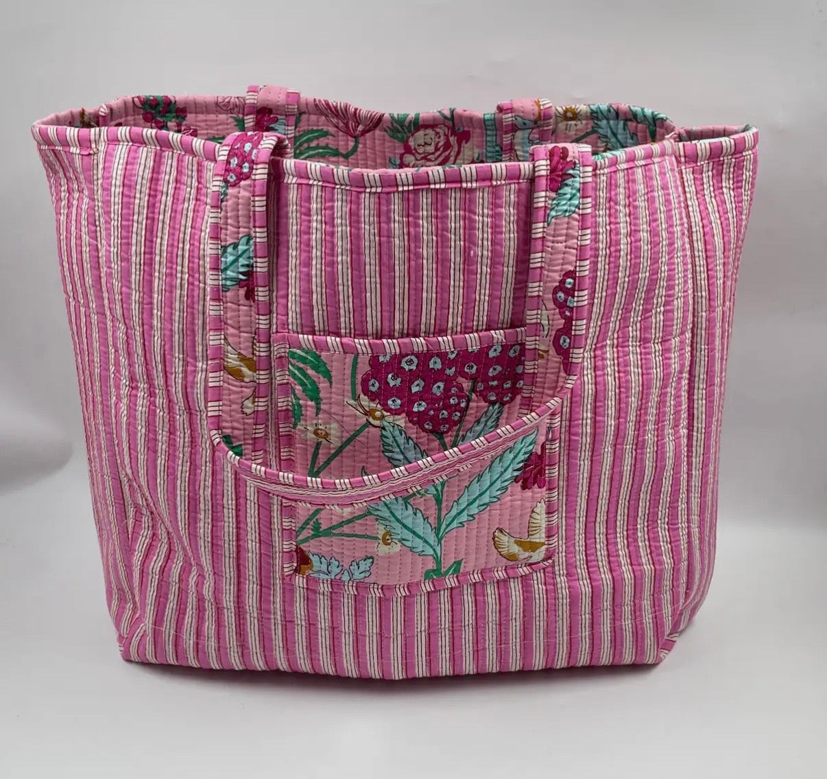 Block Print Indian Cotton Tote Bag in Pink Floral