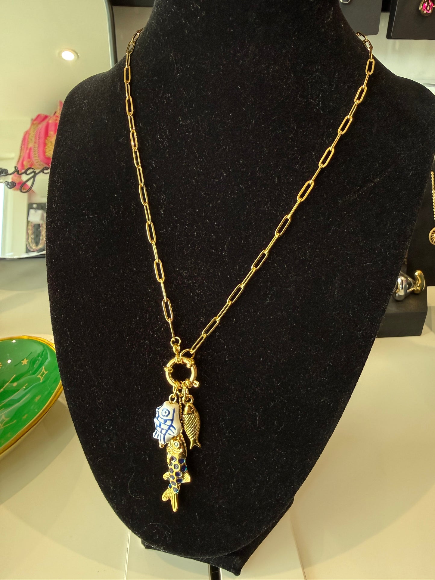 Fish Charm Necklace with Paperclip Style Chain in Gold - NOSTRUM