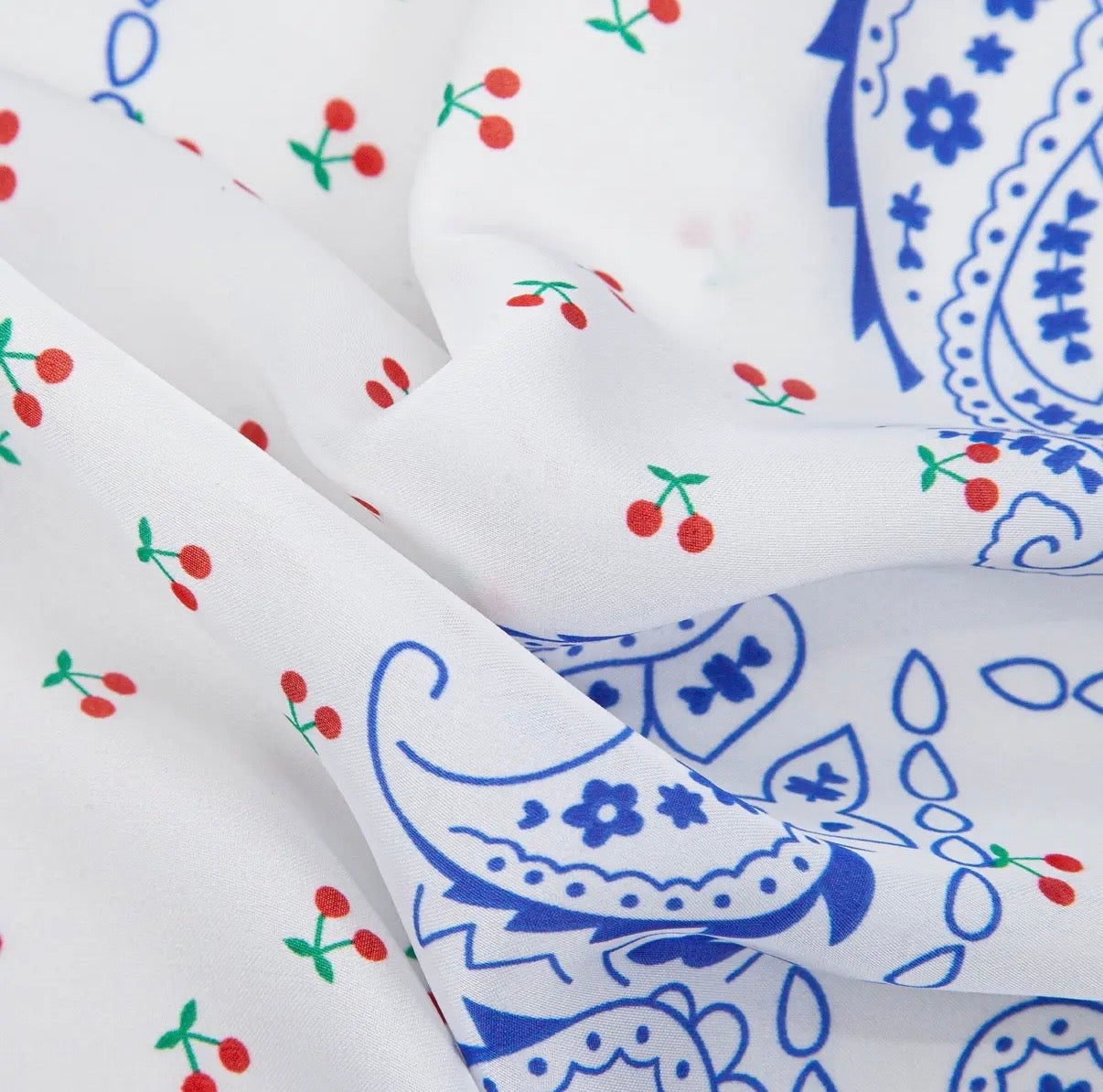 Faux Silk Square Scarf in Blue Paisley & Cherry Print