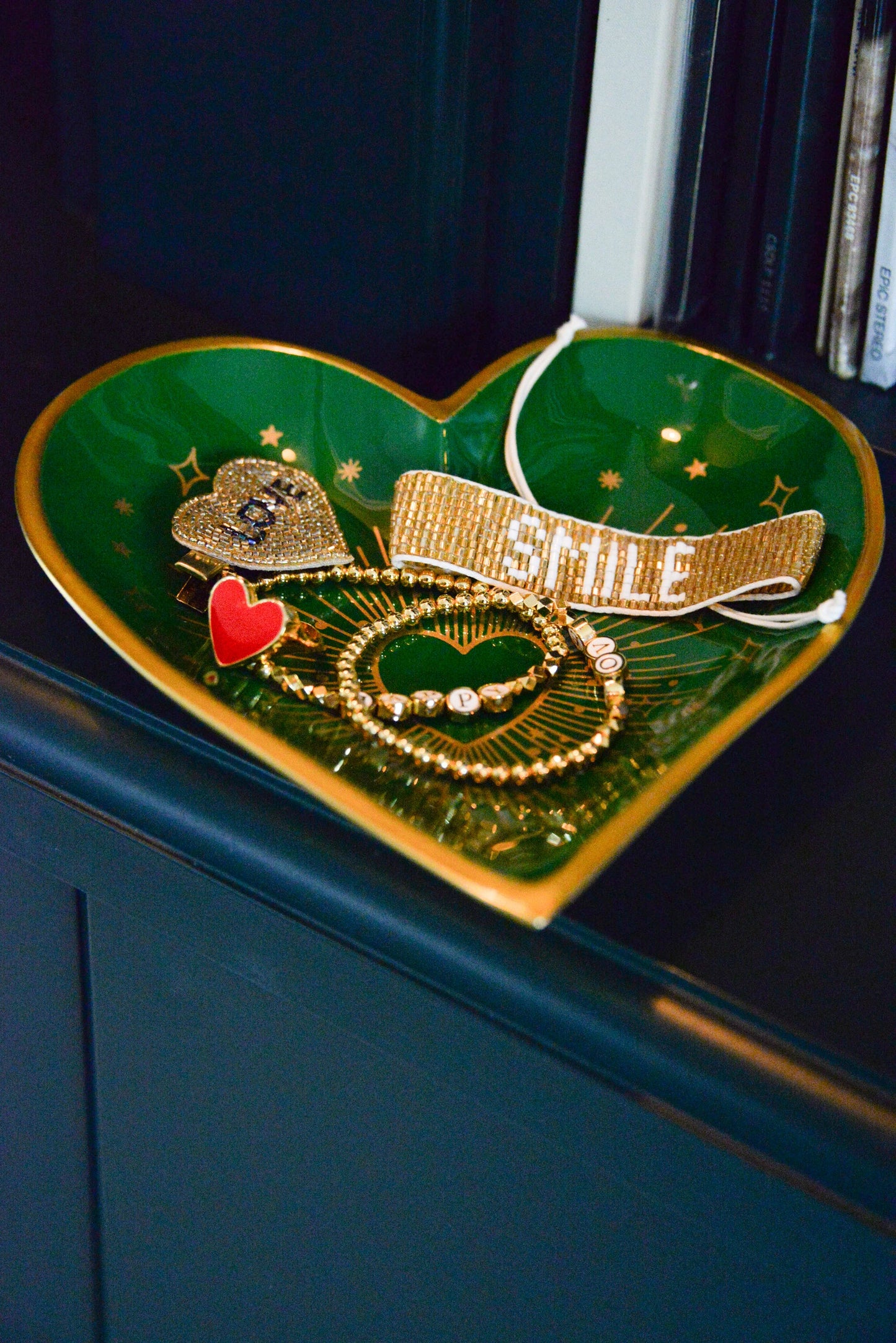 Heart Trinket Tray with Gold Print in Green - My Doris