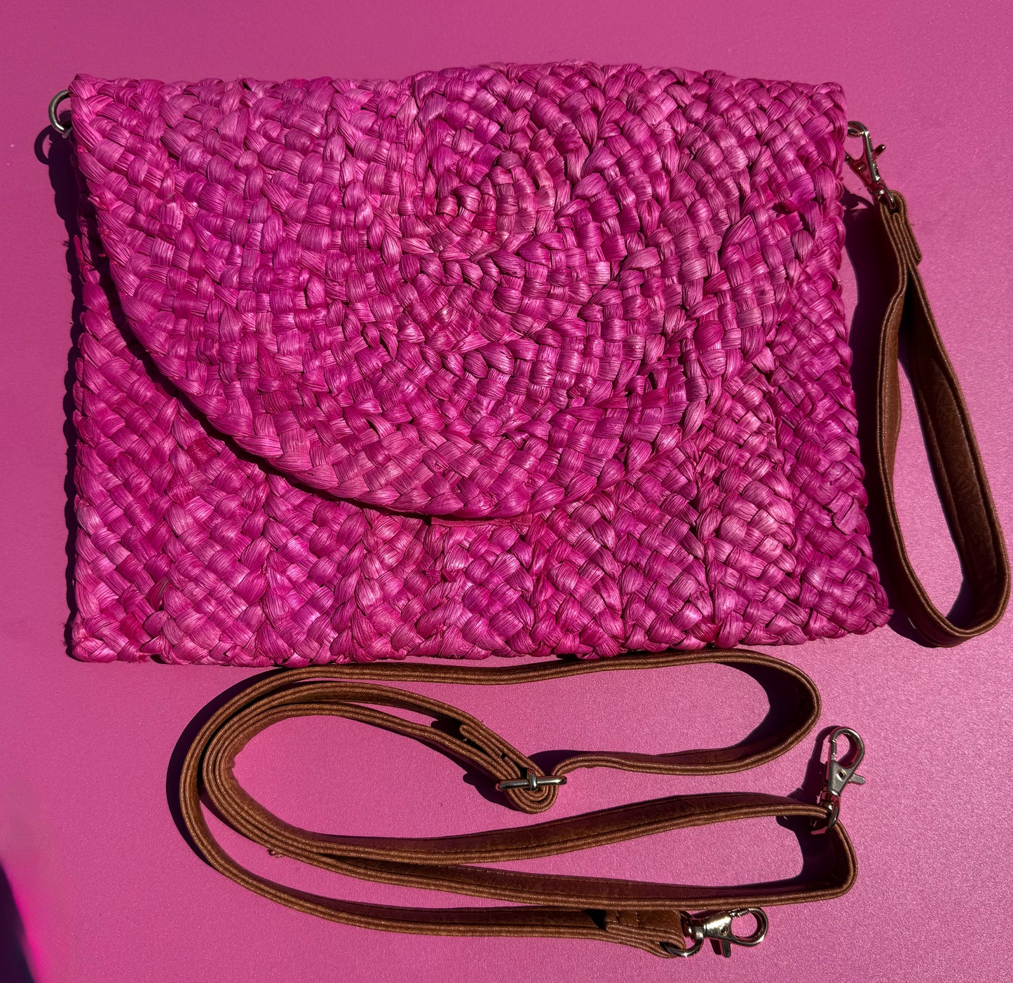 Envelope Straw Clutch Bag in Bright Pink