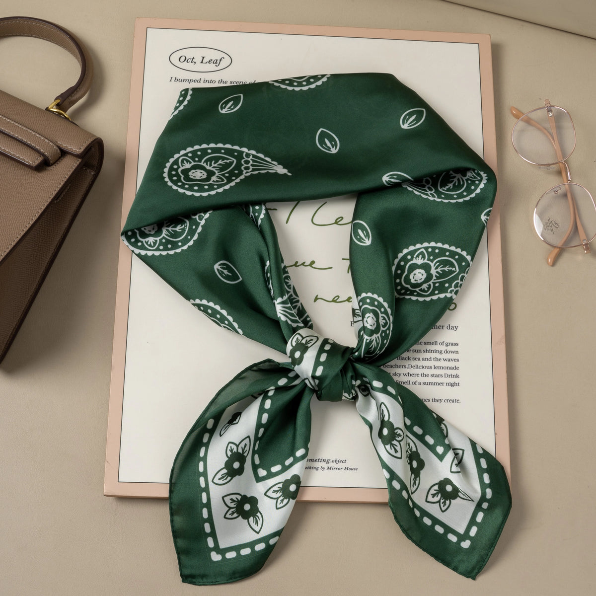 Faux Silk Square Scarf in Green Paisley Print