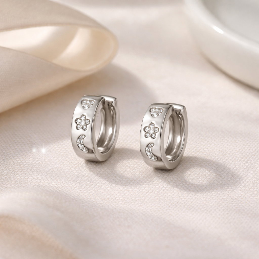 Heart, Flower, Moon CZ Detailed Huggies in Silver - NOSTRUM