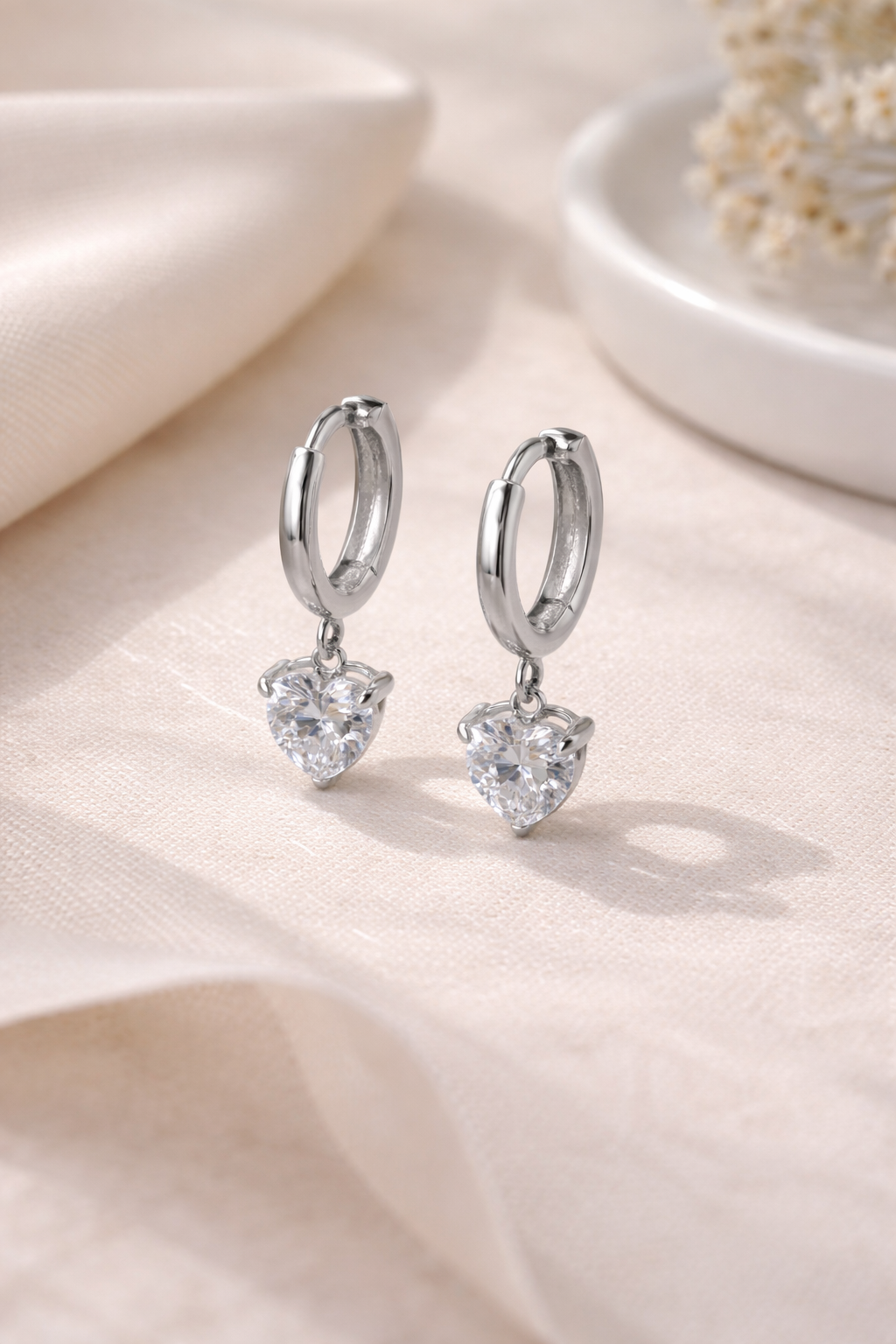 Heart Shaped CZ Detail Huggies in Silver - NOSTRUM