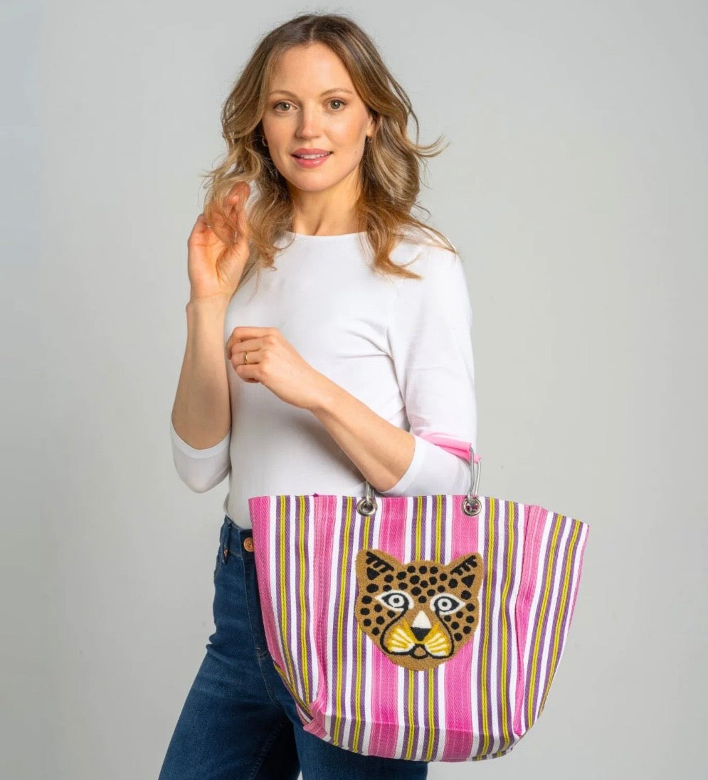 Market Shopper Bag with Embroidered Leopard Design - Earth Squared