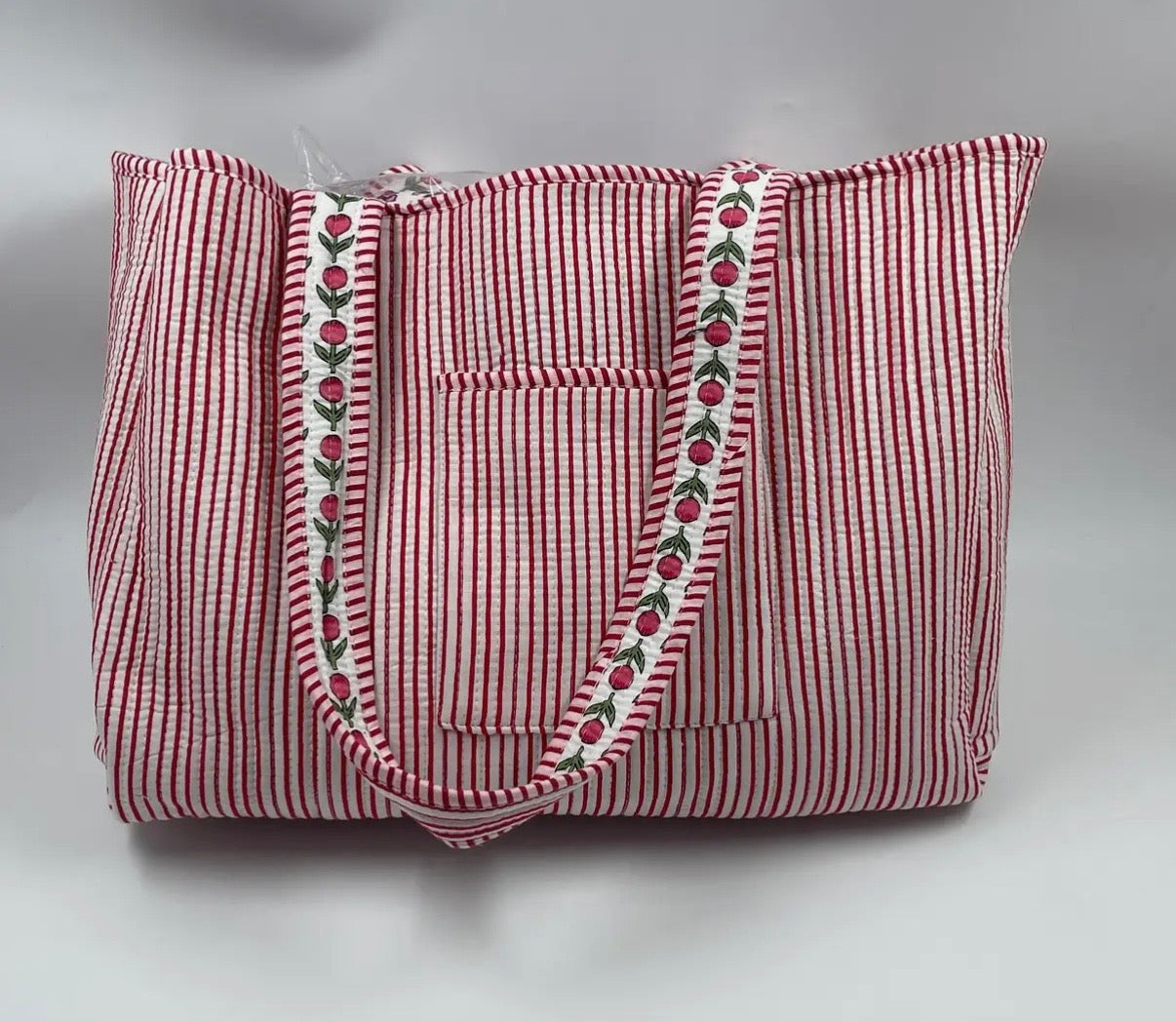 Block Print Indian Cotton Tote Bag in Red Flower Print
