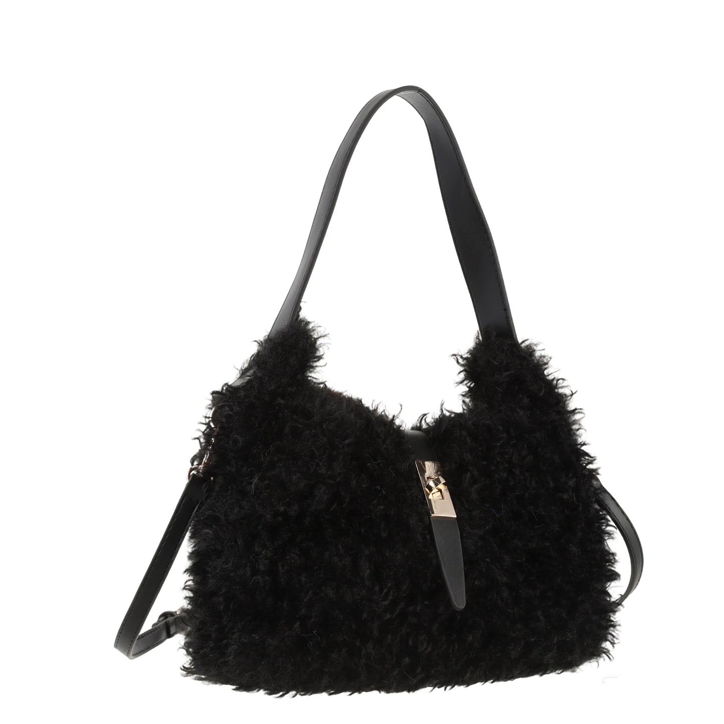 Faux Shearling Style Hobo Bag in Black