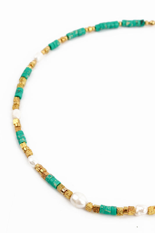 Green Cube Beaded Necklace with Freshwater Pearls - My Doris