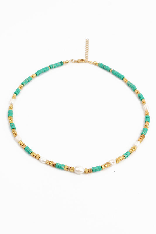 Green Cube Beaded Necklace with Freshwater Pearls - My Doris