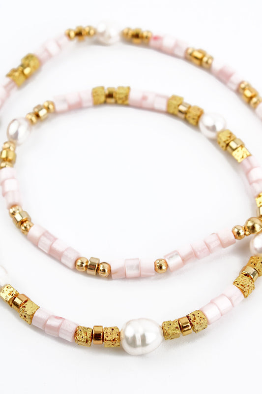 Pink Cube Beaded Necklace with Freshwater Pearls - My Doris