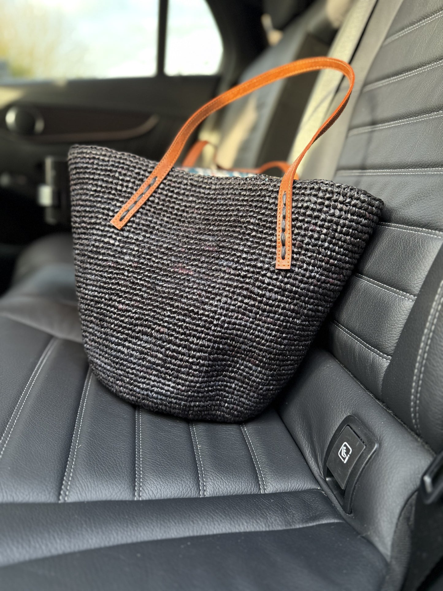 Black Crochet Style Raffia Bag with Leather Handles