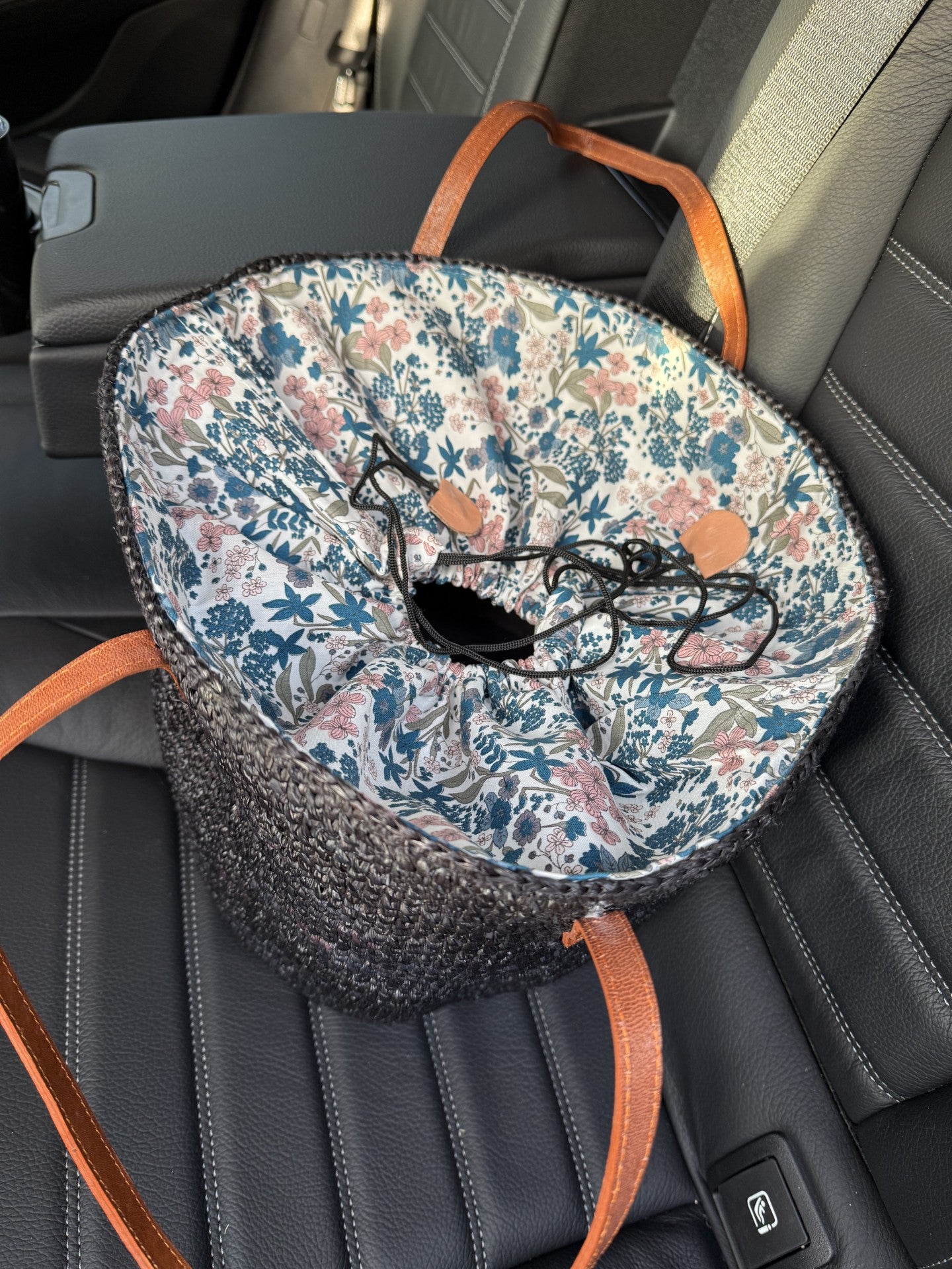 Black Crochet Style Raffia Bag with Leather Handles