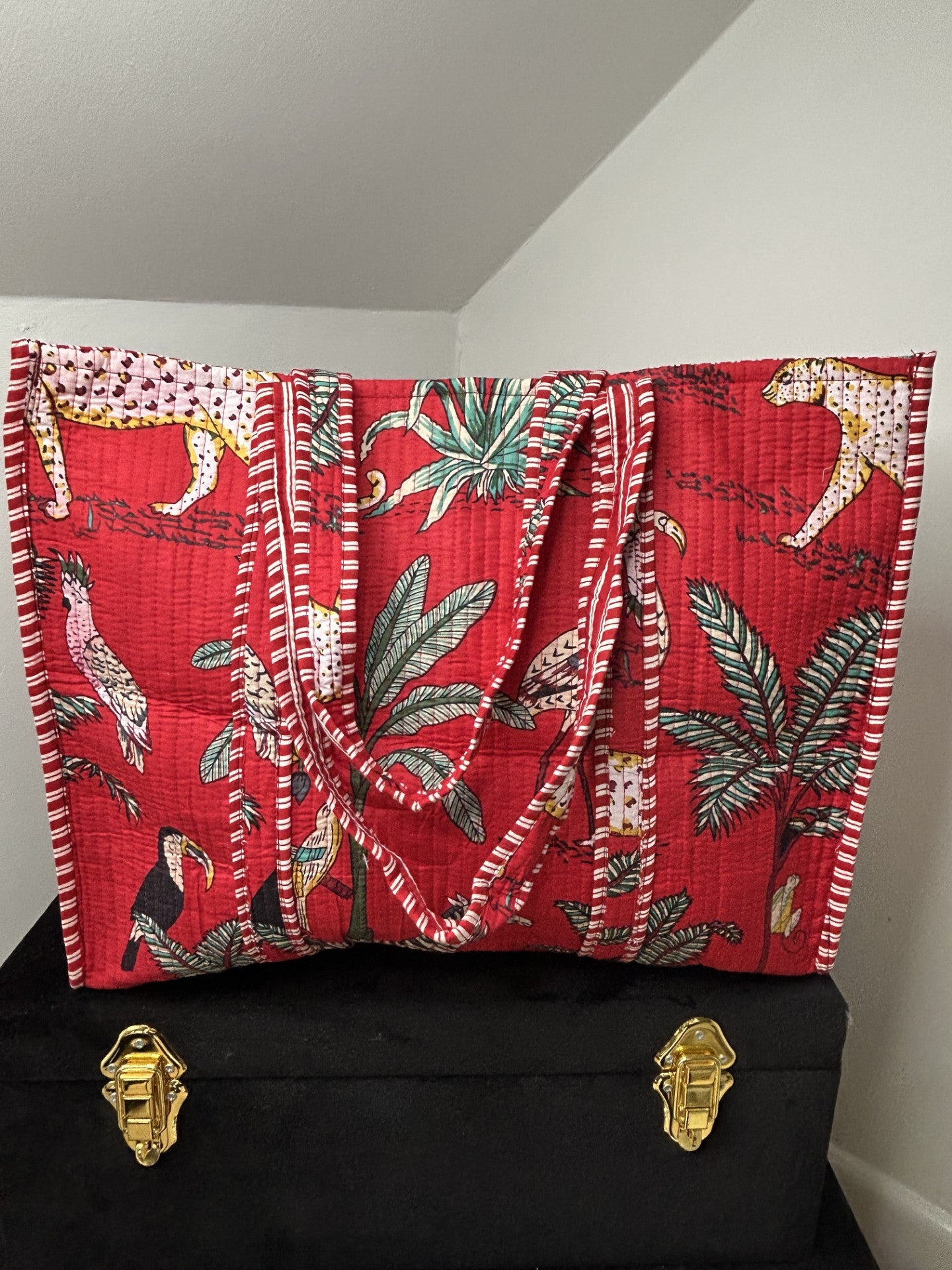 Reversible Quilted Cotton Tote Bag - Red Forest Print