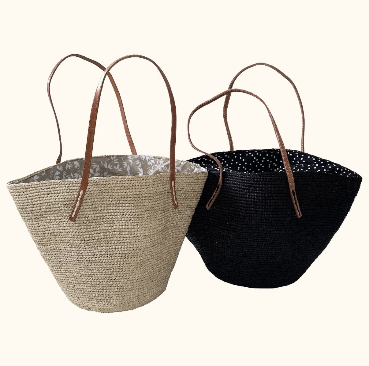 Black Crochet Style Raffia Bag with Leather Handles