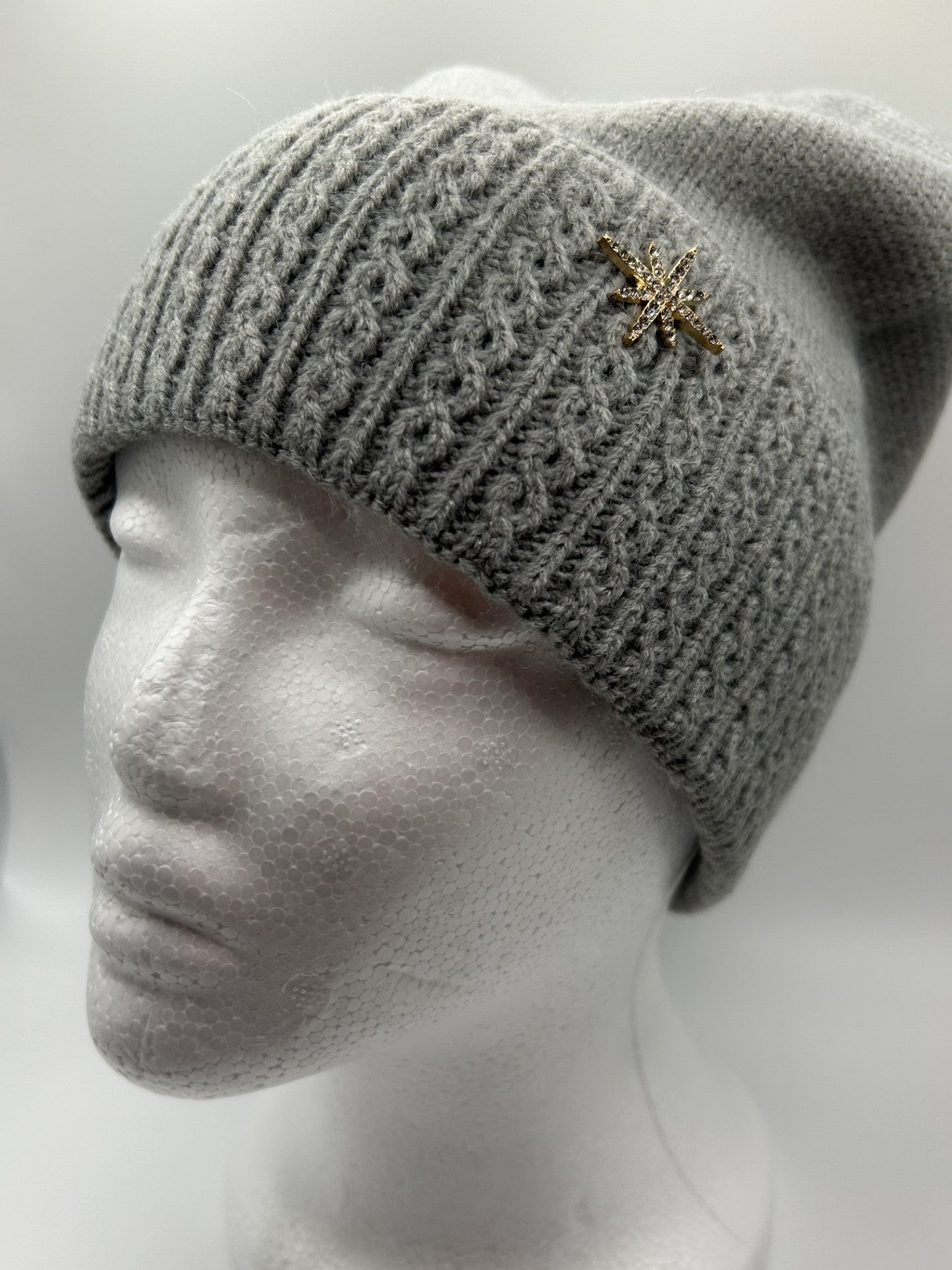 Cable Knit Beanie with Diamante Star - Grey