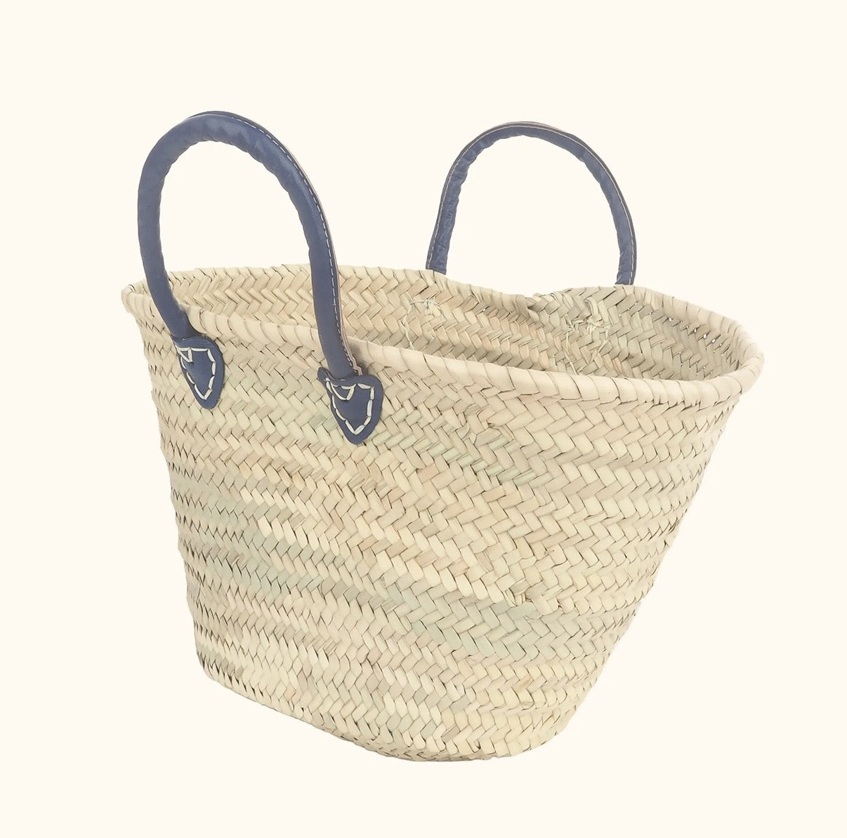 Short Handle French Basket Bag with Navy Leather Handles