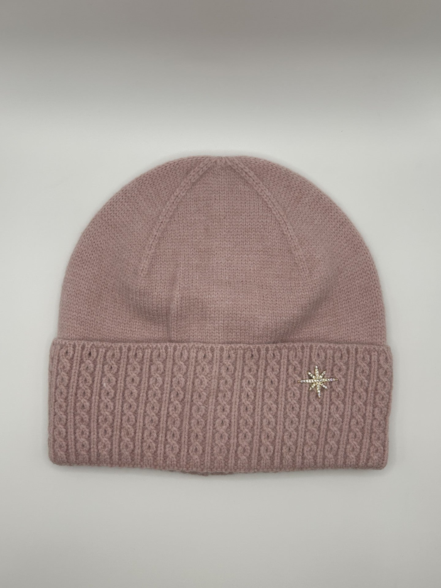 Cable Knit Beanie with Diamante Star - Pink