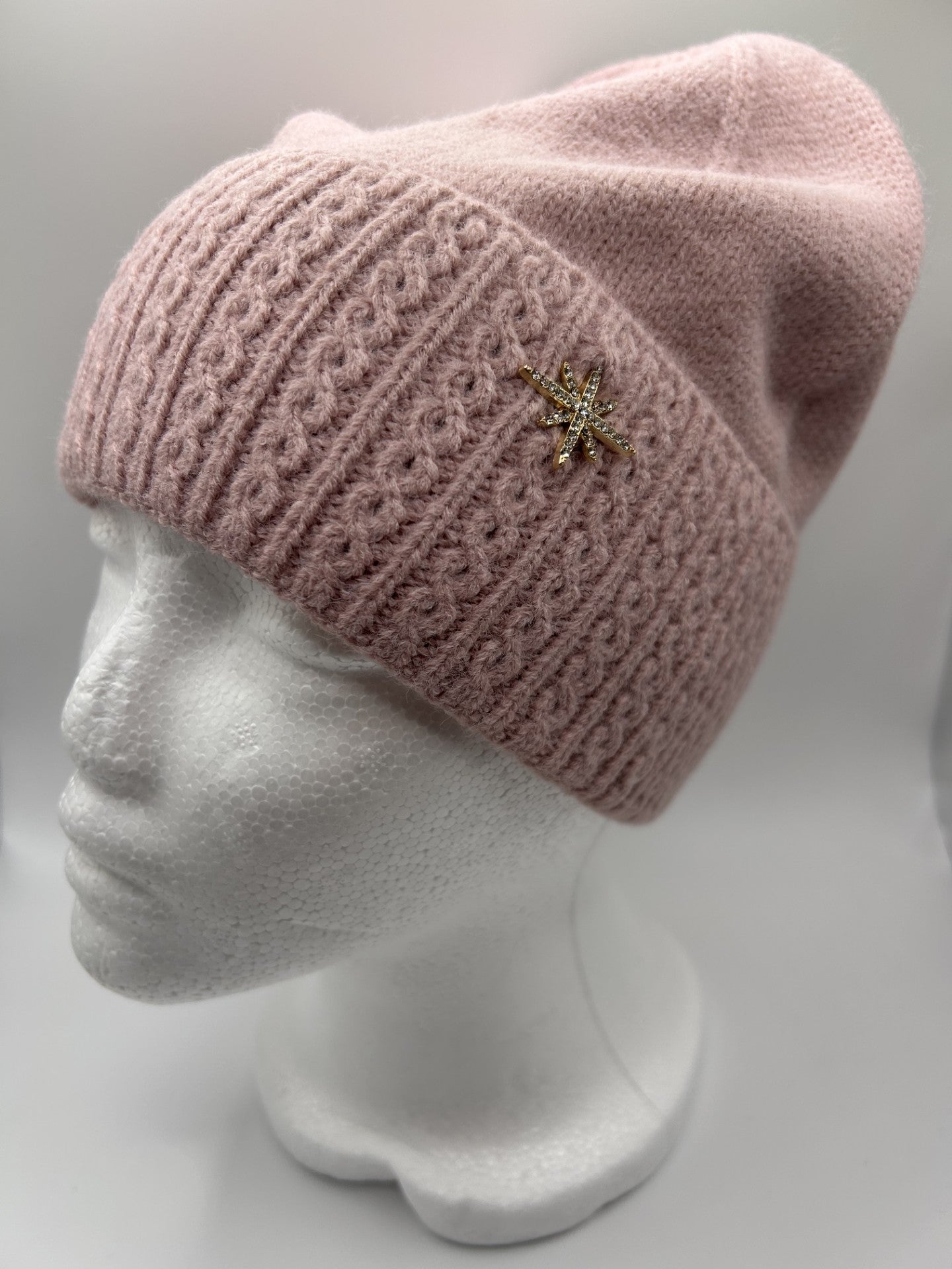 Cable Knit Beanie with Diamante Star - Pink