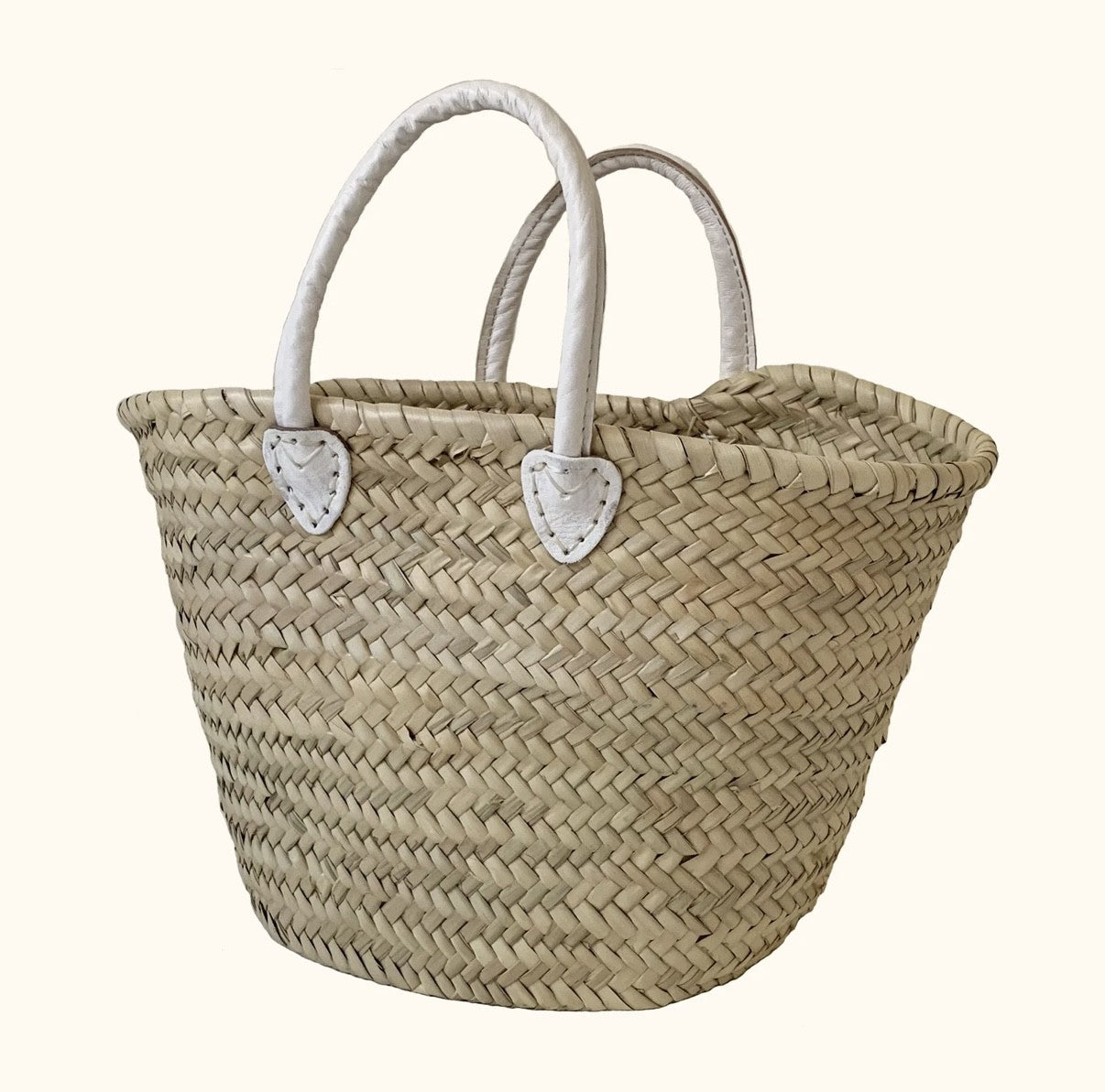 Short Handle French Basket Bag with White Leather Handles