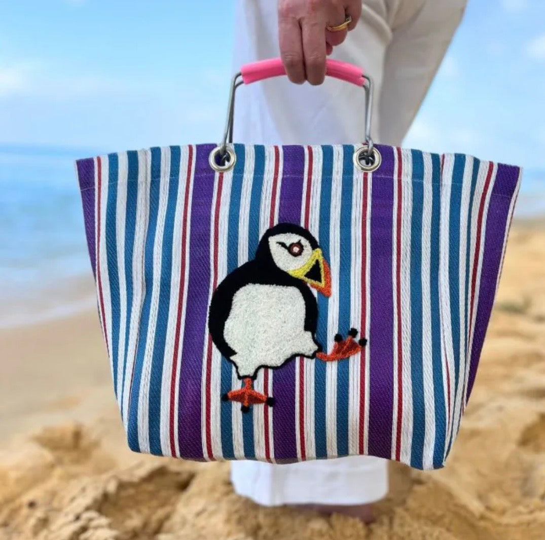 Market Shopper Bag with Embroidered Puffin Design - Earth Squard