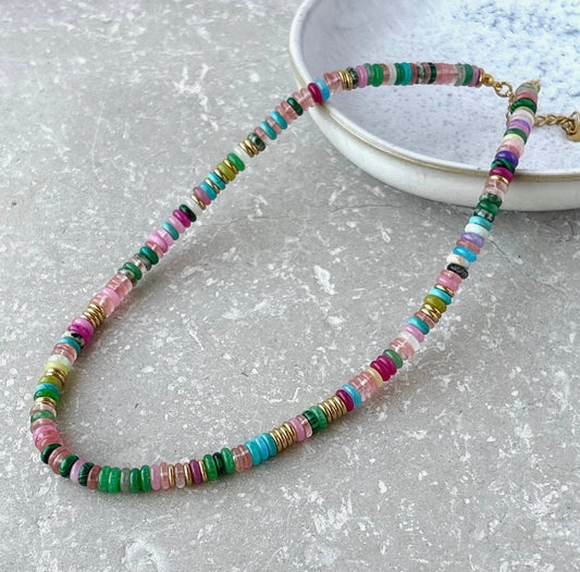 Multi Coloured Beaded Necklace in Gold - NOSTRUM