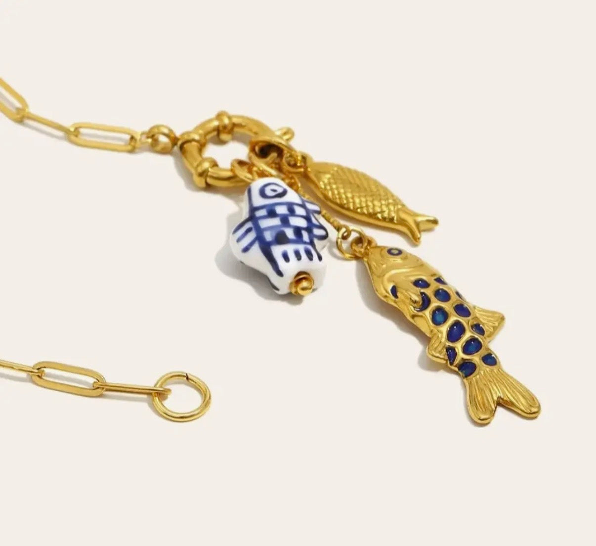 Fish Charm Necklace with Paperclip Style Chain in Gold - NOSTRUM
