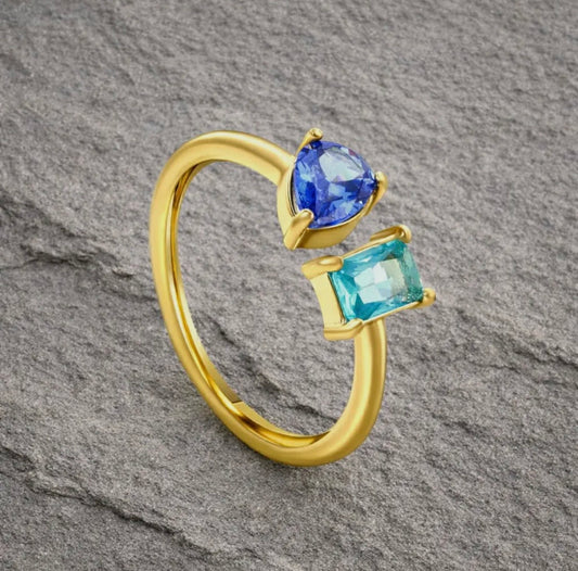 Blue Dual CZ Stone Open Ring in Gold - NOSTRUM