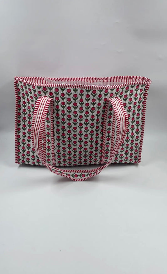Block Print Indian Cotton Tote Bag in Red Flower Print