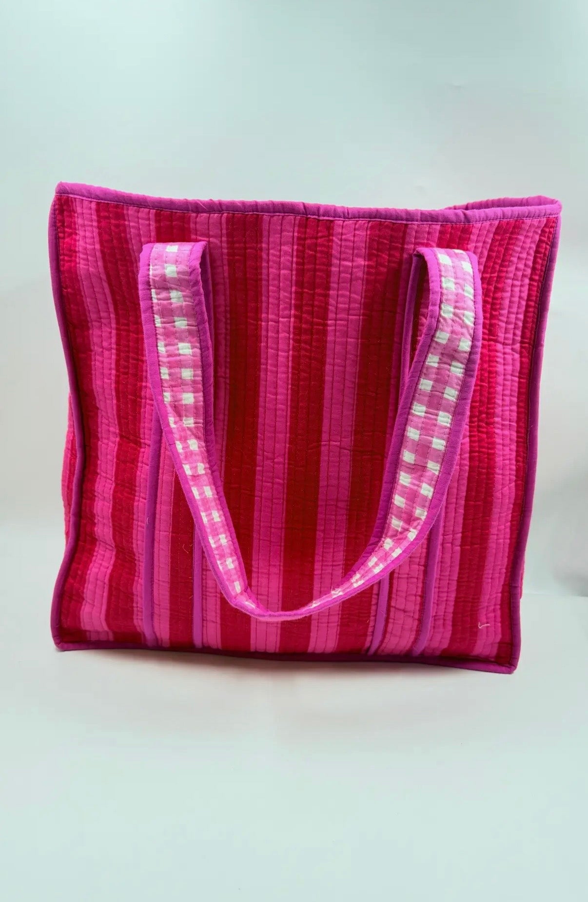 Block Print Indian Cotton Tote Bag in Red & Pink Stripes