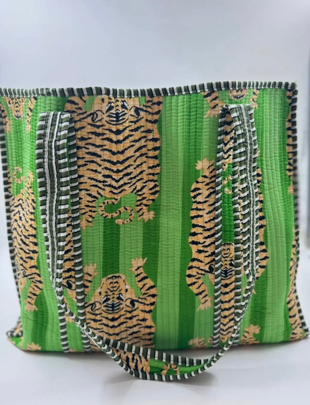 Block Print Indian Cotton Tote Bag in Green Tiger Stripe