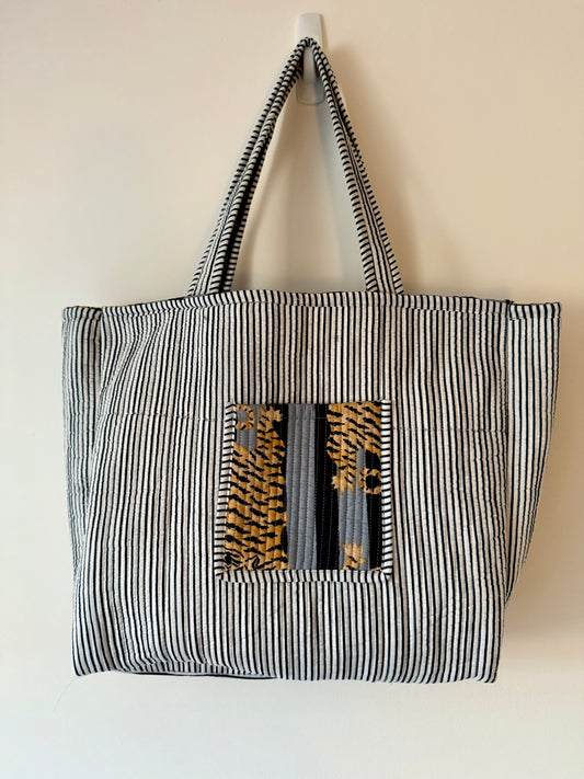 Tiger Print Quilted Tote Bag in Black & Grey