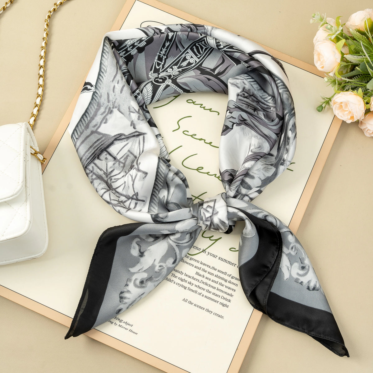 Faux Silk Square Scarf in Baroque Equestrian Print