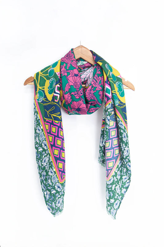 Lightweight Flora Geometric Scarf in Green & Pink