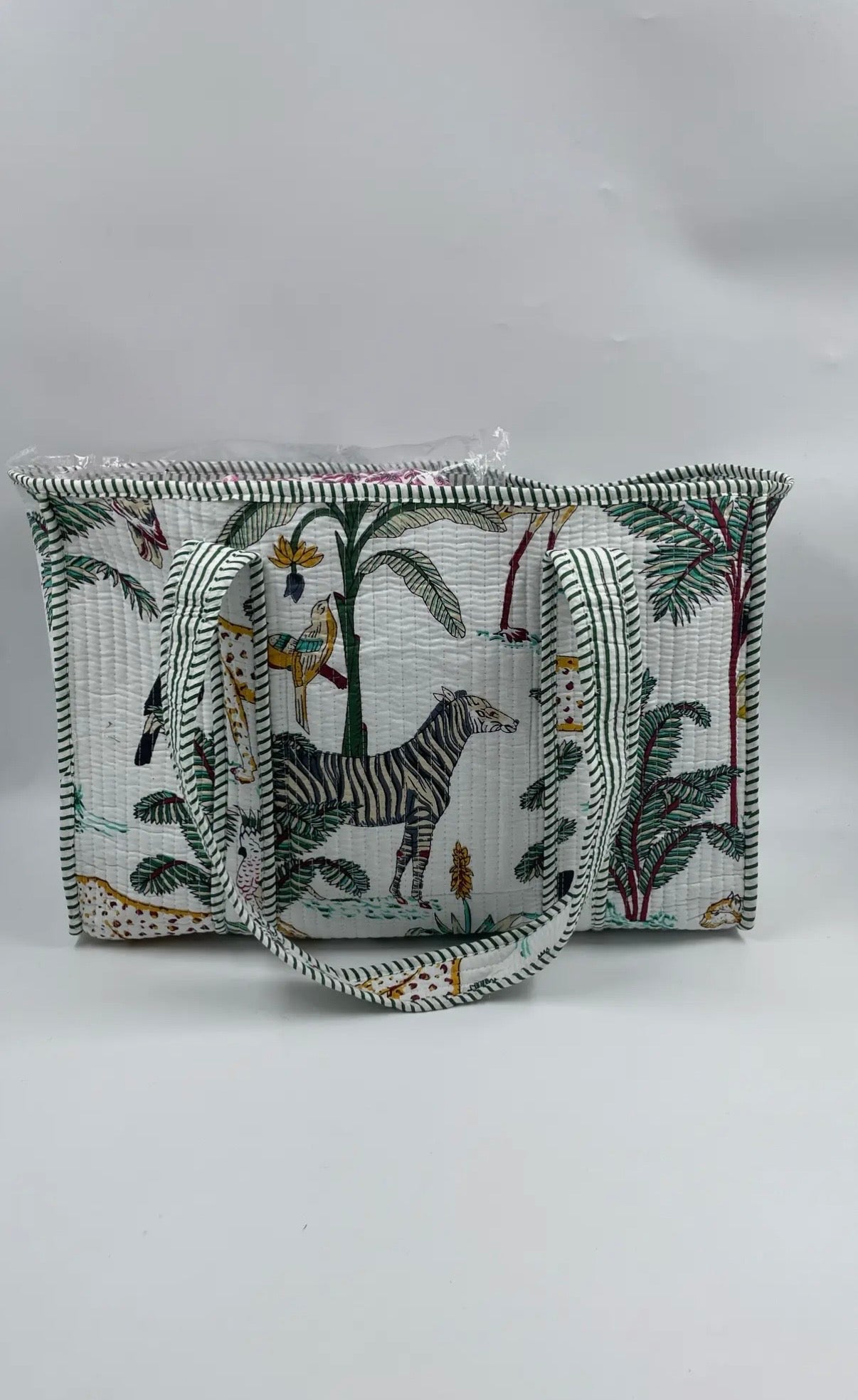 Block Print Indian Cotton Tote Bag in White Wildlife Print