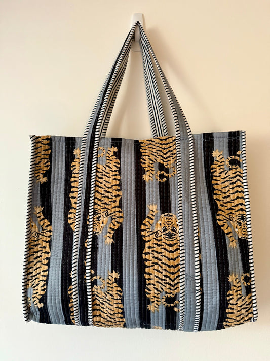 Tiger Print Quilted Tote Bag in Black & Grey