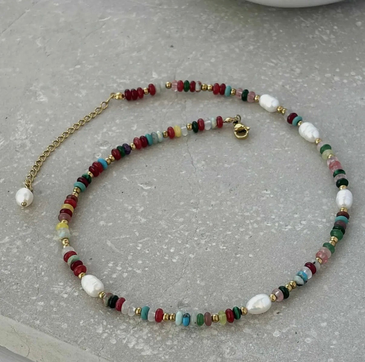 Multi Coloured with Pearl Beaded Necklace in Gold - NOSTRUM