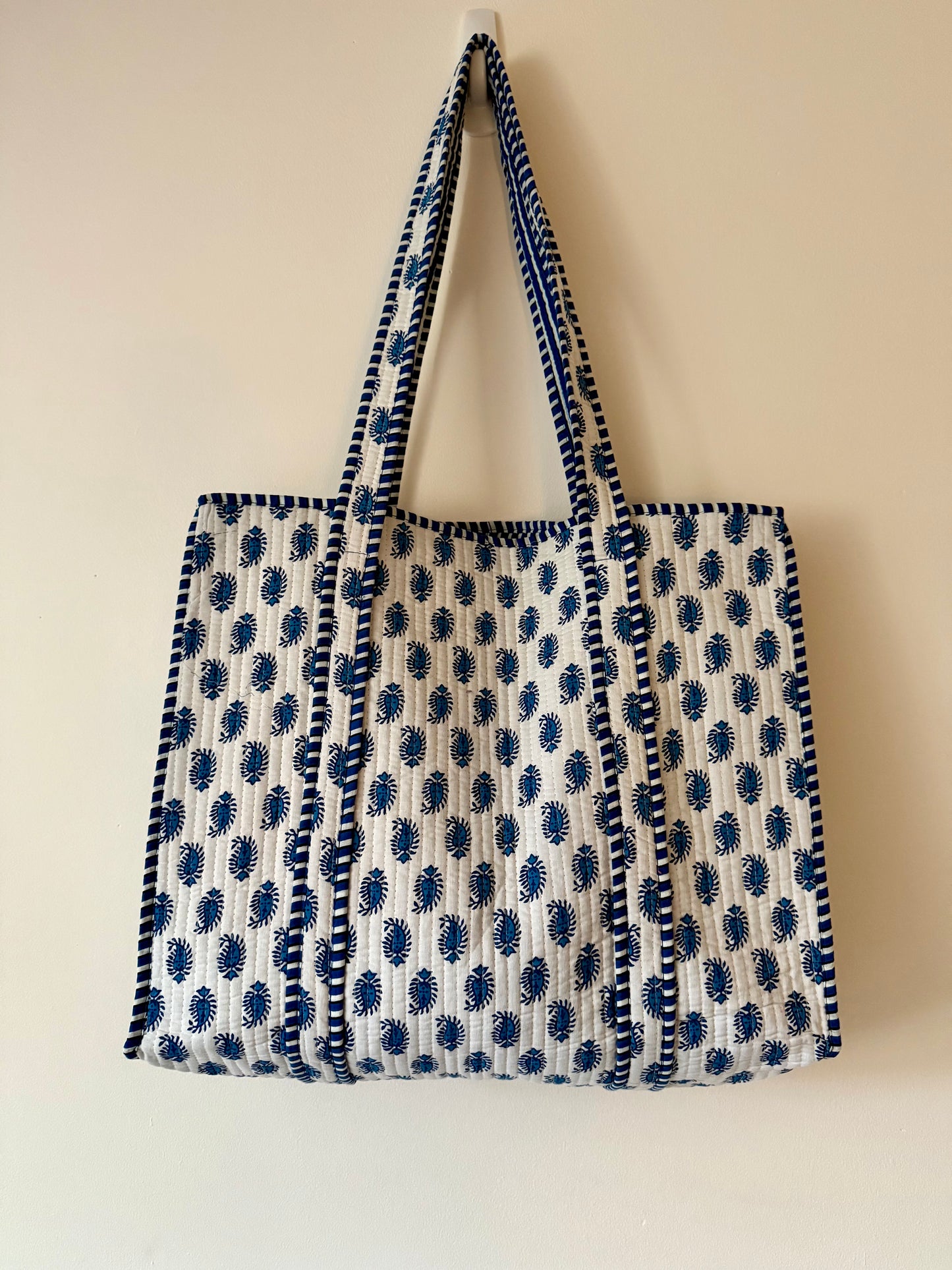 Paisley Print Quilted Tote Bag in White & Blue