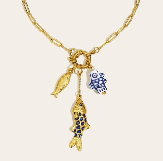 Fish Charm Necklace with Paperclip Style Chain in Gold - NOSTRUM