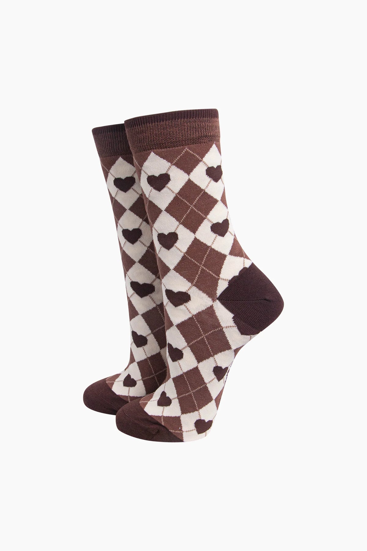 Heart Argyle Socks in Brown & Cream - Sock Talk