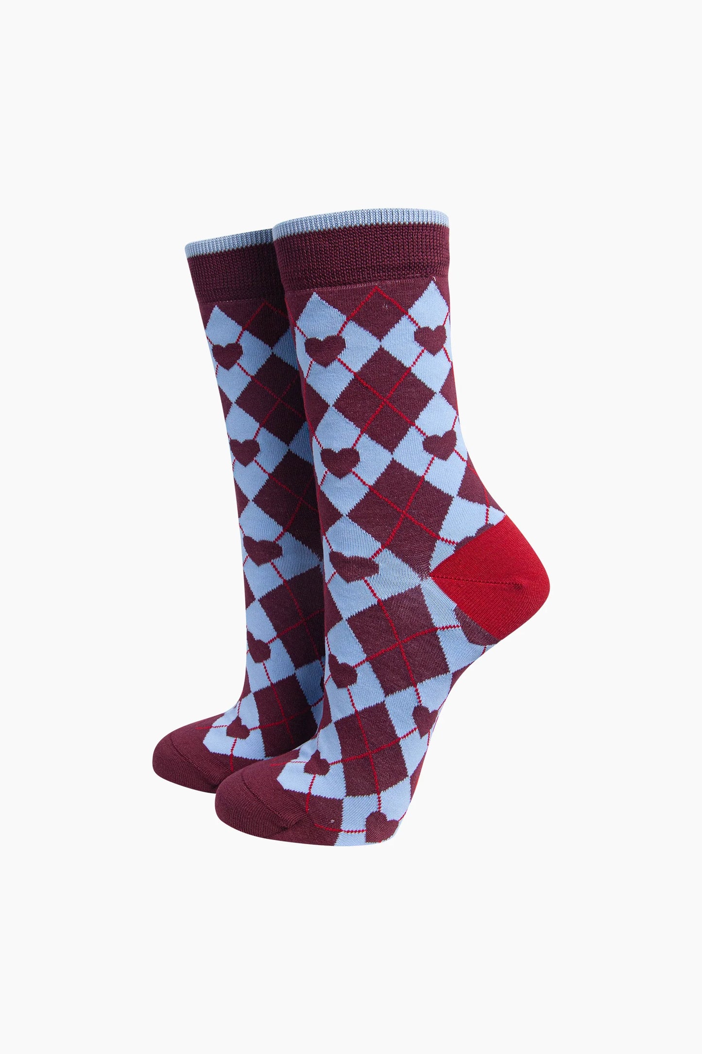Heart Argyle Socks in Burgundy & Blue - Sock Talk