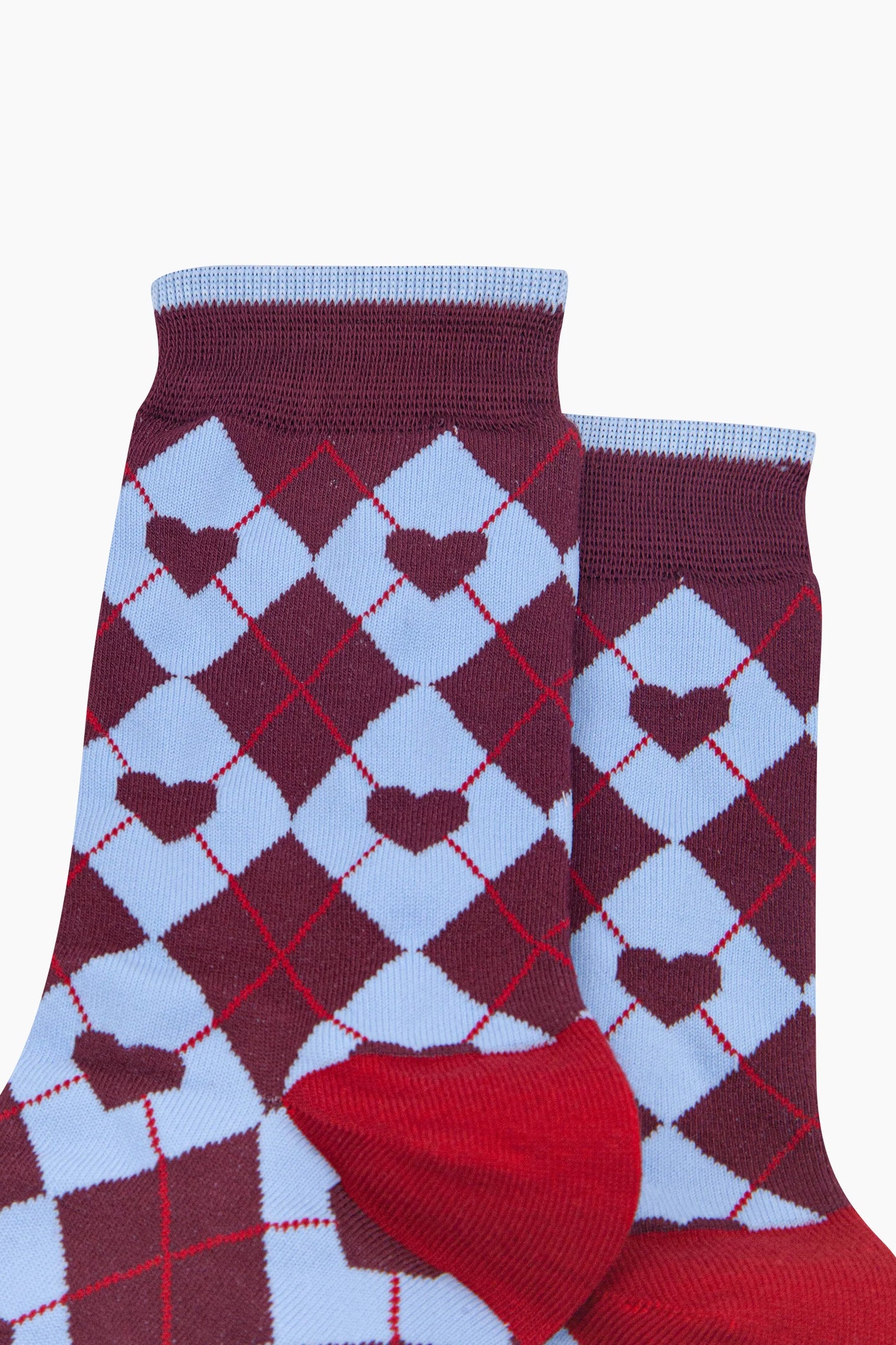 Heart Argyle Socks in Burgundy & Blue - Sock Talk