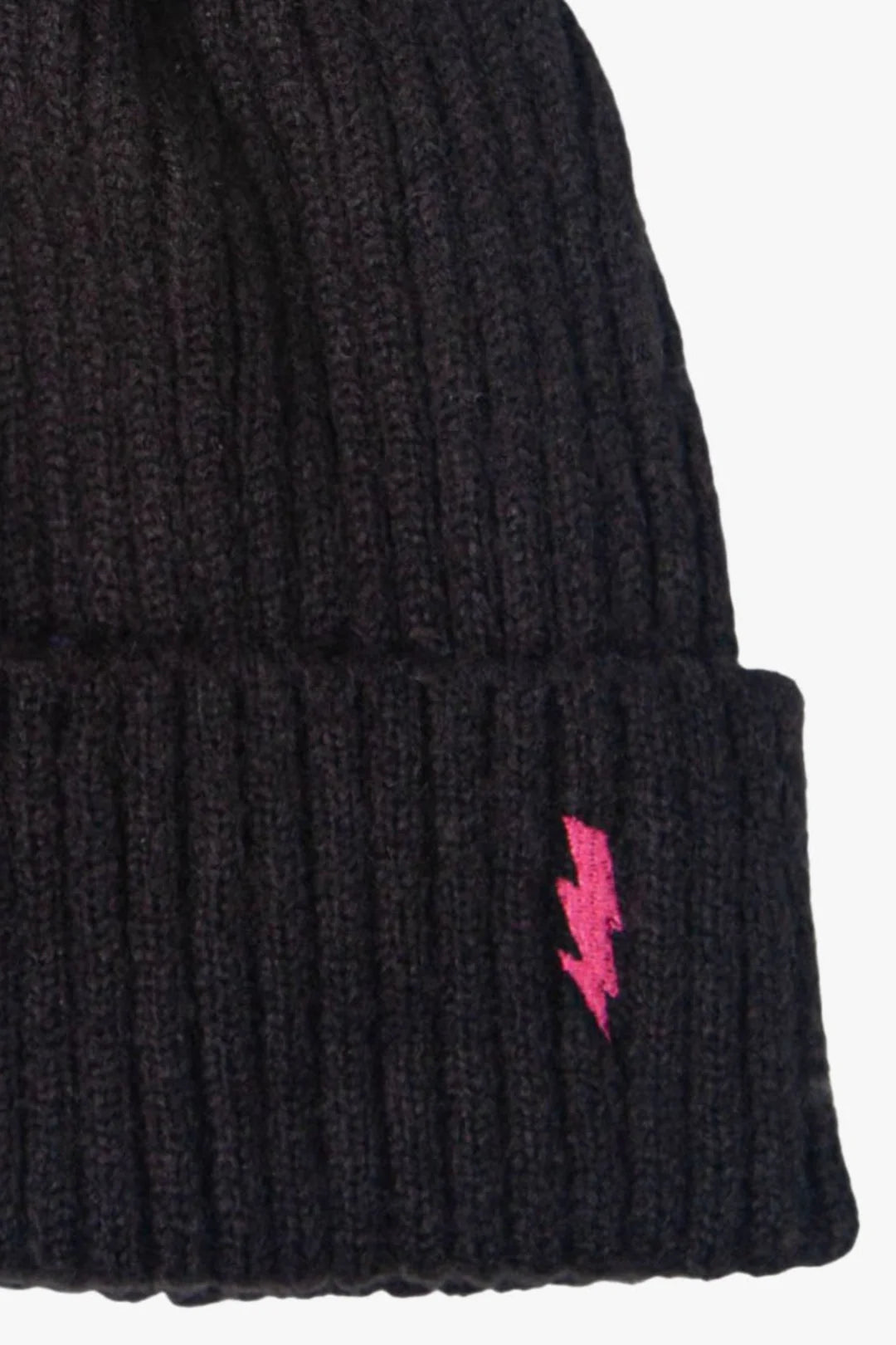 Black Bobble Hat with Pink Lightening Bolt Detail