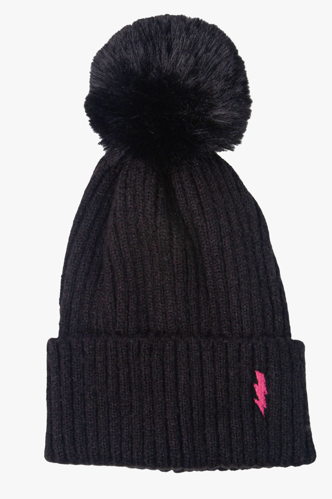 Black Bobble Hat with Pink Lightening Bolt Detail