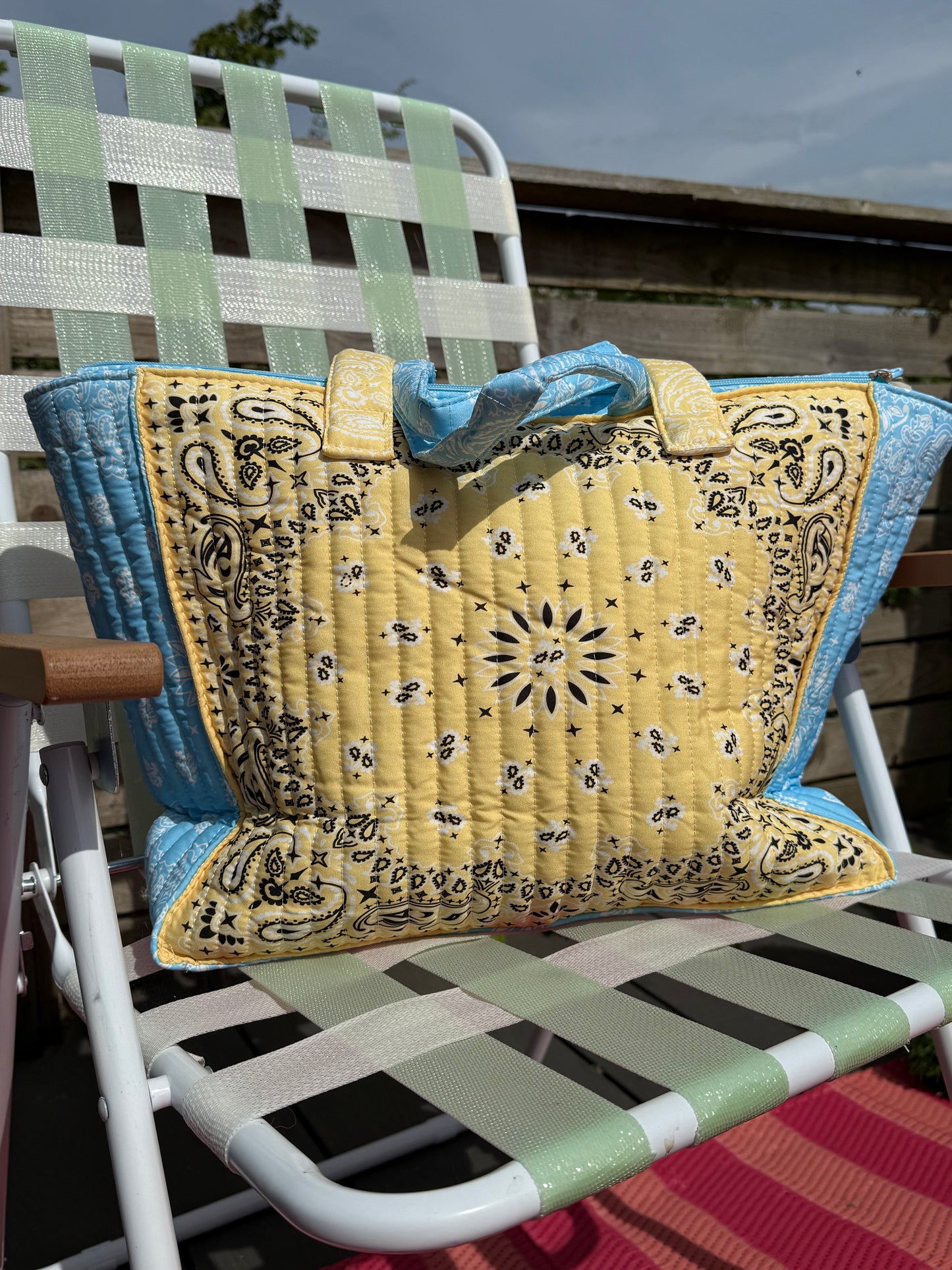 Bandana Print Cotton Tote Bag in Sky Blue & Yellow