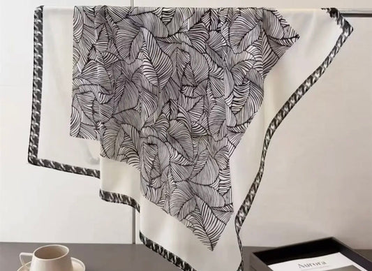 Faux Silk Square Scarf in Cream & Black Print