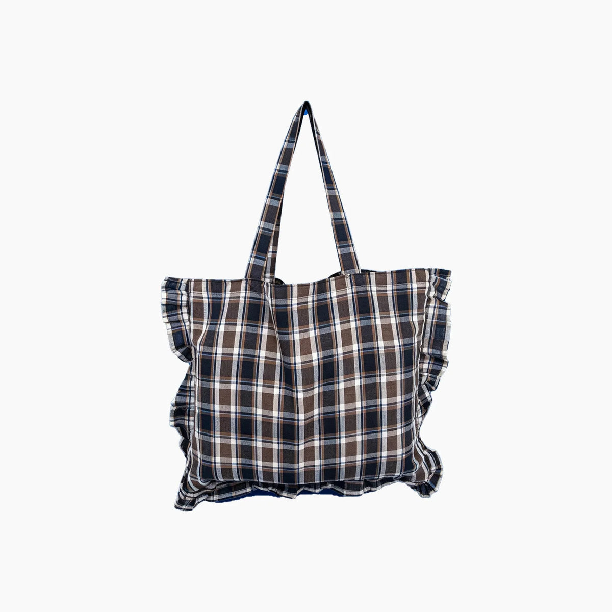 Checked Ruffle Edge Tote Bag in Brown