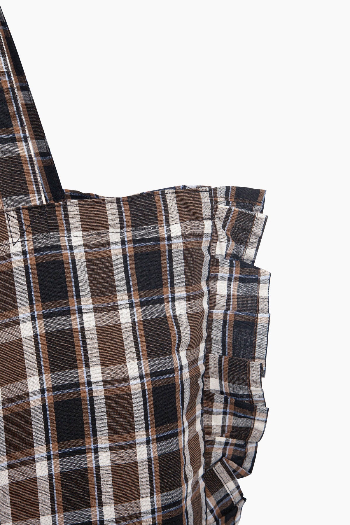 Checked Ruffle Edge Tote Bag in Brown