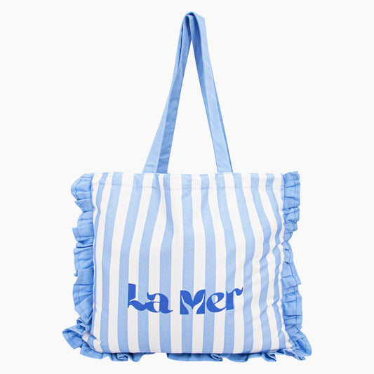 La Mer Striped Frilled Canvas Tote Bag in Blue