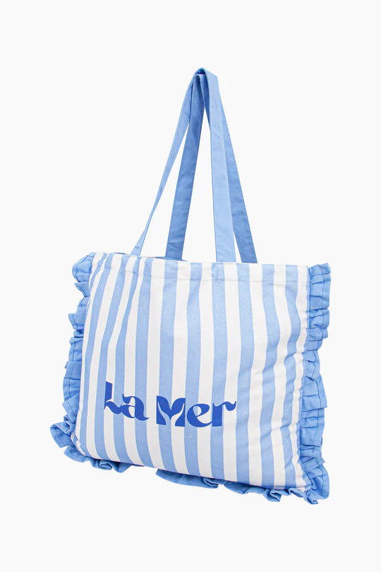 La Mer Striped Frilled Canvas Tote Bag in Blue