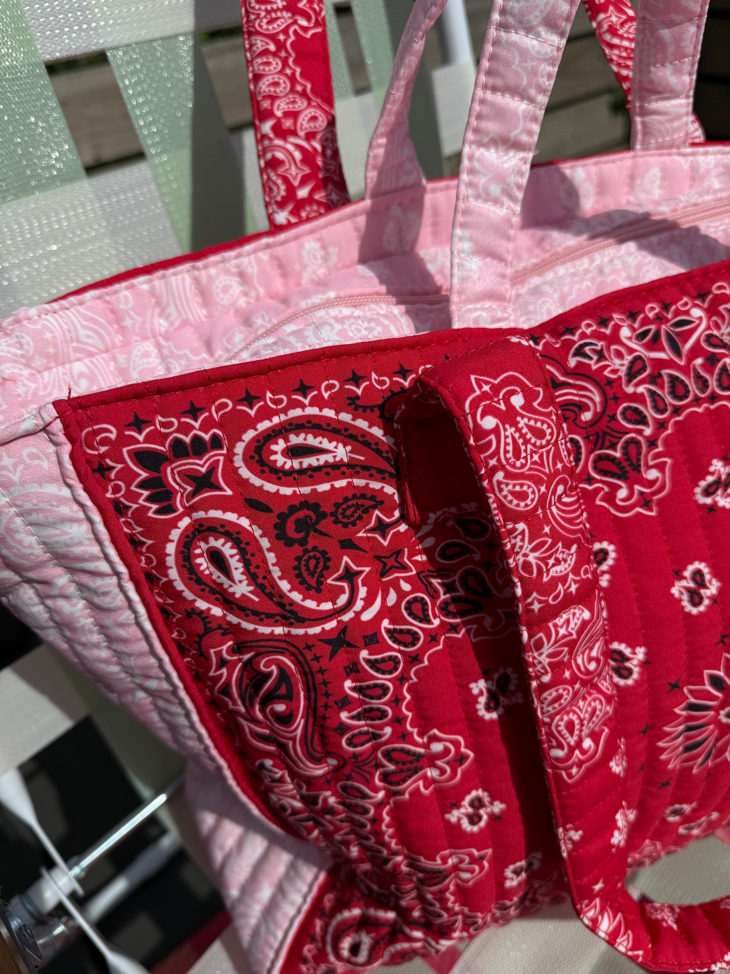 Bandana Print Cotton Tote Bag in Red & Pink